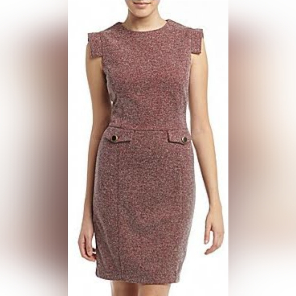 💕MNG by Mango Tweed Sheath Dress Red Sz M Midi Office Business
